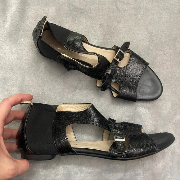 AGL Attilio Giusti Leombruni Leather Snake-print Open Toe Sandals/Black - Picture 2 of 8